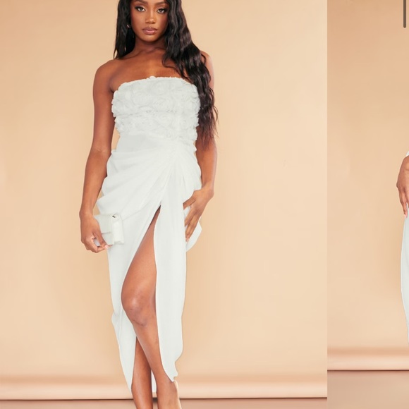 PrettyLittleThing WHITE APPLIQUE ROSE DETAIL DRAPED MIDAXI DRESS - Picture 5 of 5